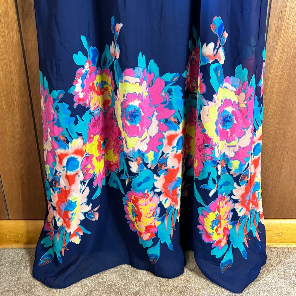 Old Navy Royal Blue Floral Border Print Ruffle Maxi Dress Womens Large Smocked - Picture 3 of 7